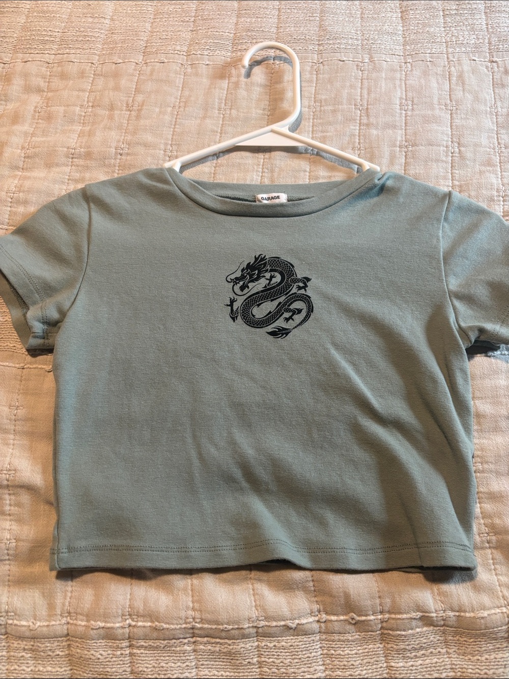 Garage Sage Green Crop Top with Black Dragon Graphic